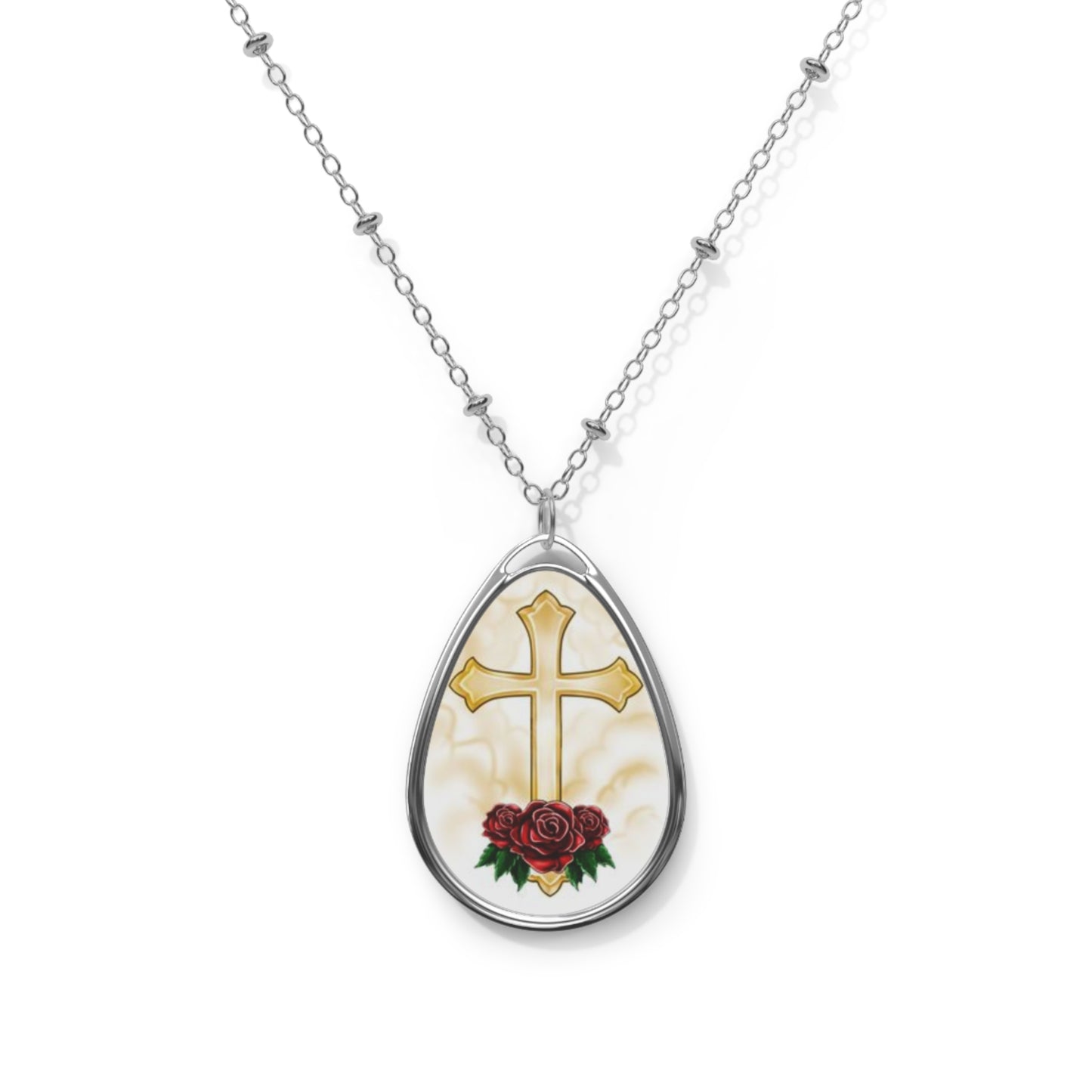 Golden Cross and Roses - Oval Necklace