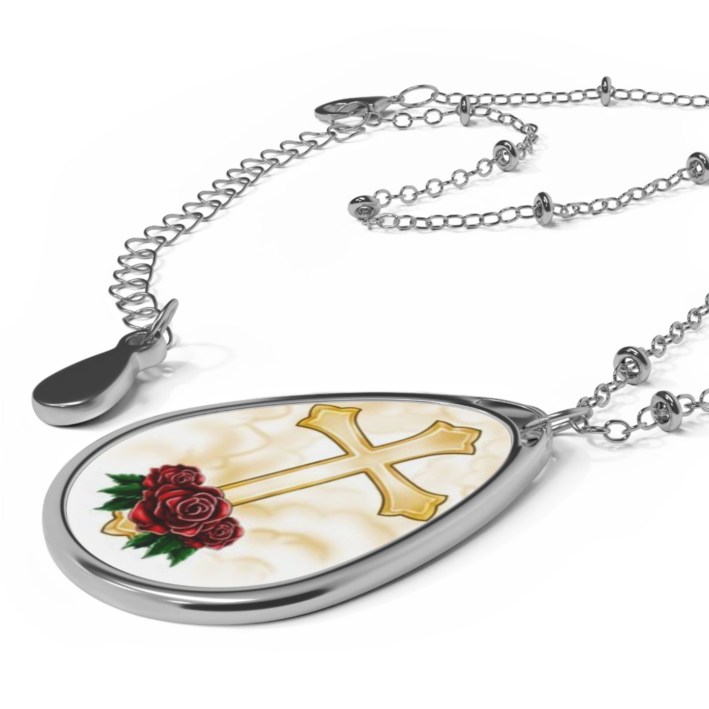 Golden Cross and Roses - Oval Necklace