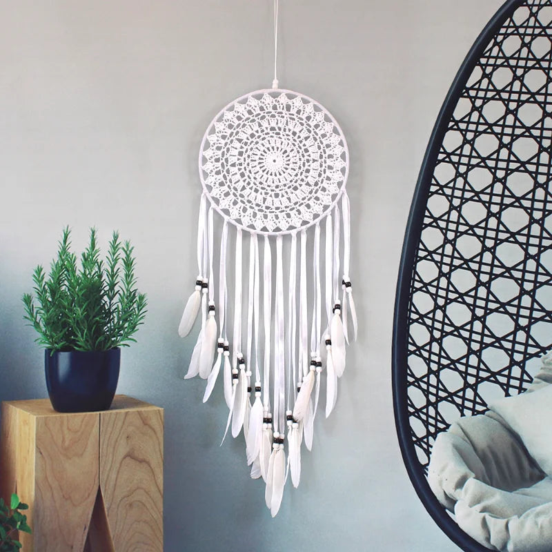 White Feather Dream Catcher Wall Hanging Room Decor Crocheted Web Big Size Dreamcatcher Delicate Home Decoration Accessories