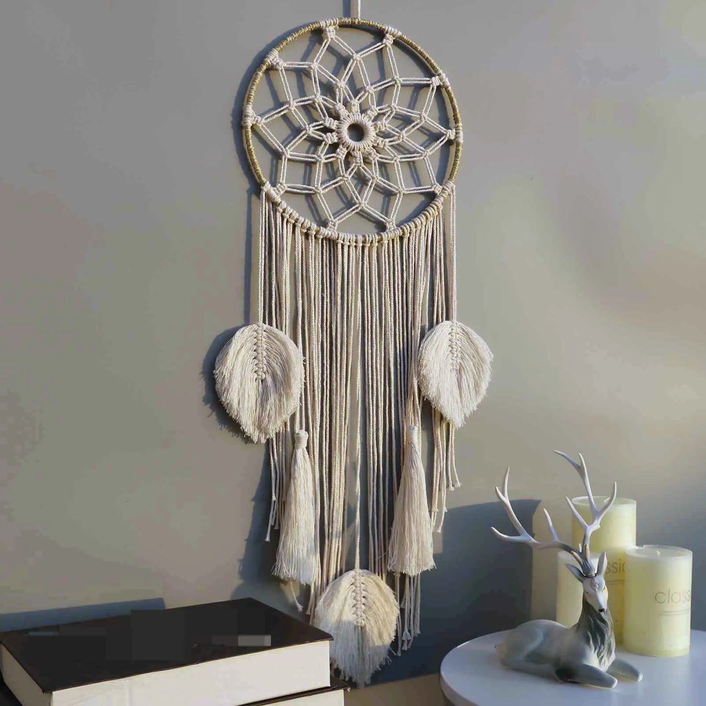 Moon Star Round Handmade Dream Catcher Macrame Wall Hanging Bohemian Home Feather Decor Girls Kids Nursery Ornament Art Gifts