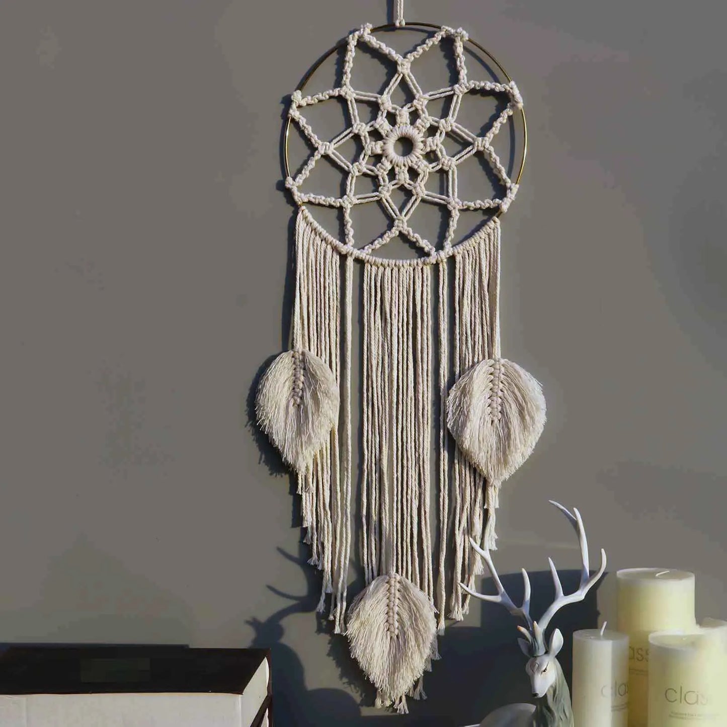 Moon Star Round Handmade Dream Catcher Macrame Wall Hanging Bohemian Home Feather Decor Girls Kids Nursery Ornament Art Gifts