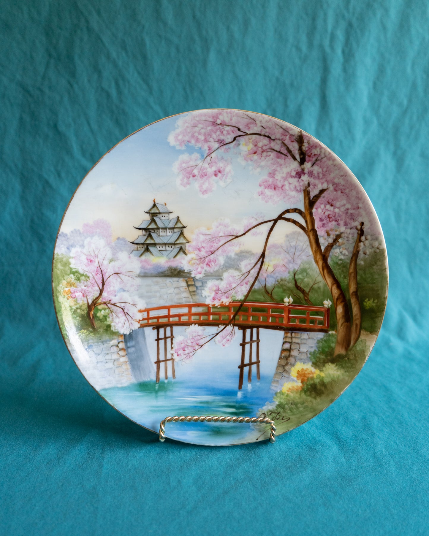 Vintage Collector Plate Japanese Art w/ Cherry blossom, Bridge and Dwelling