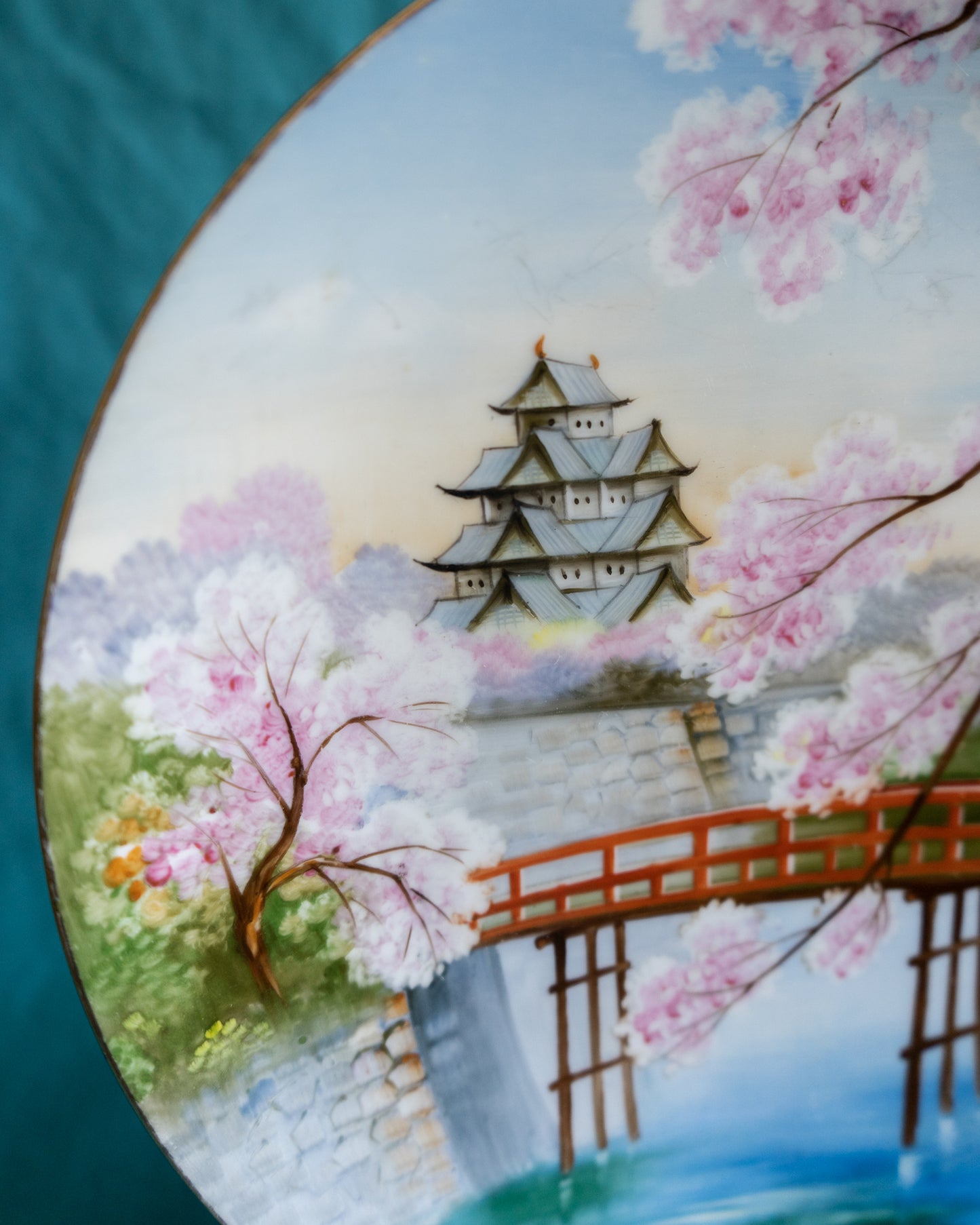 Vintage Collector Plate Japanese Art w/ Cherry blossom, Bridge and Dwelling