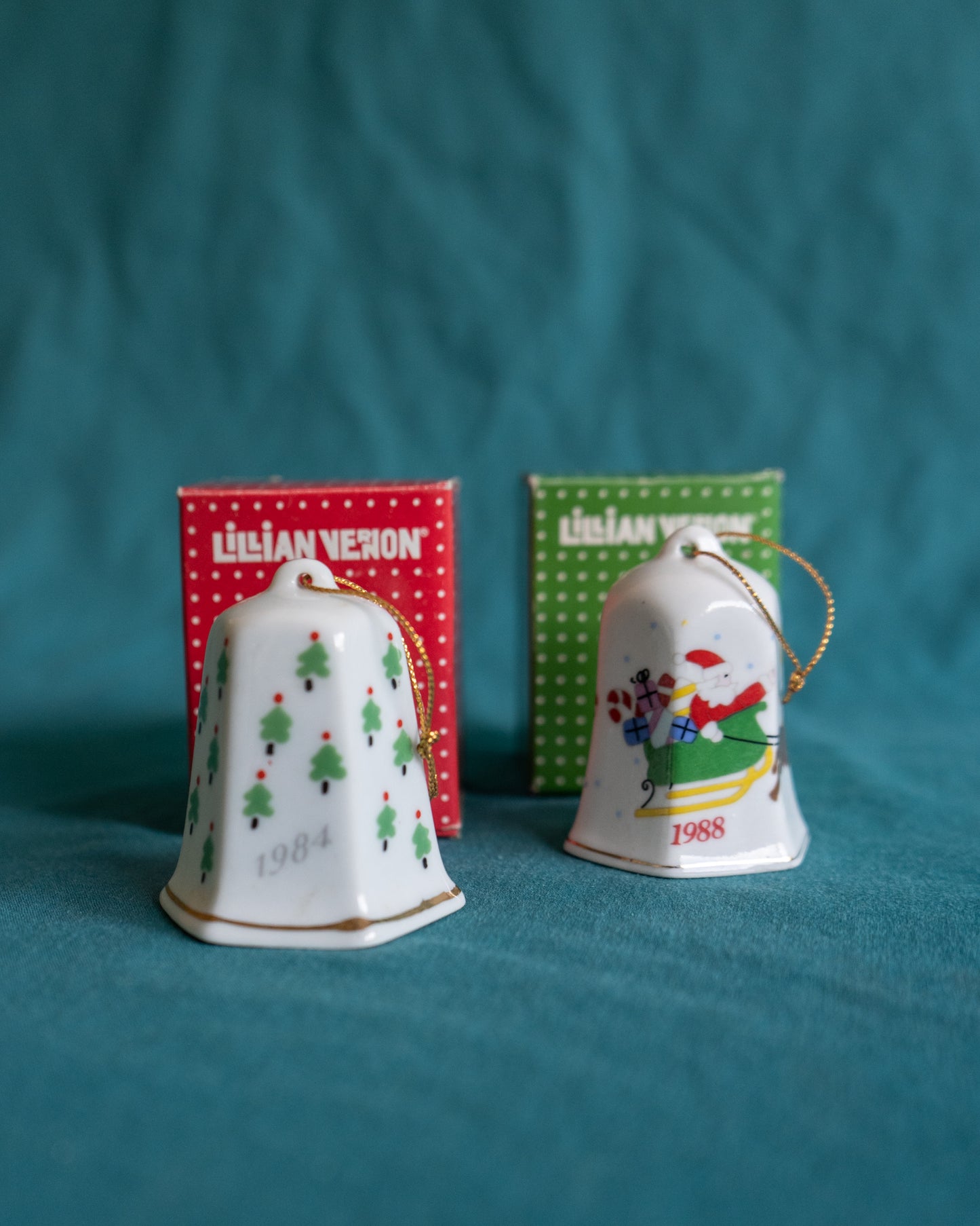 Lilian Venon Christmas Holiday Ornament set 1984 & 1988 Bell Set