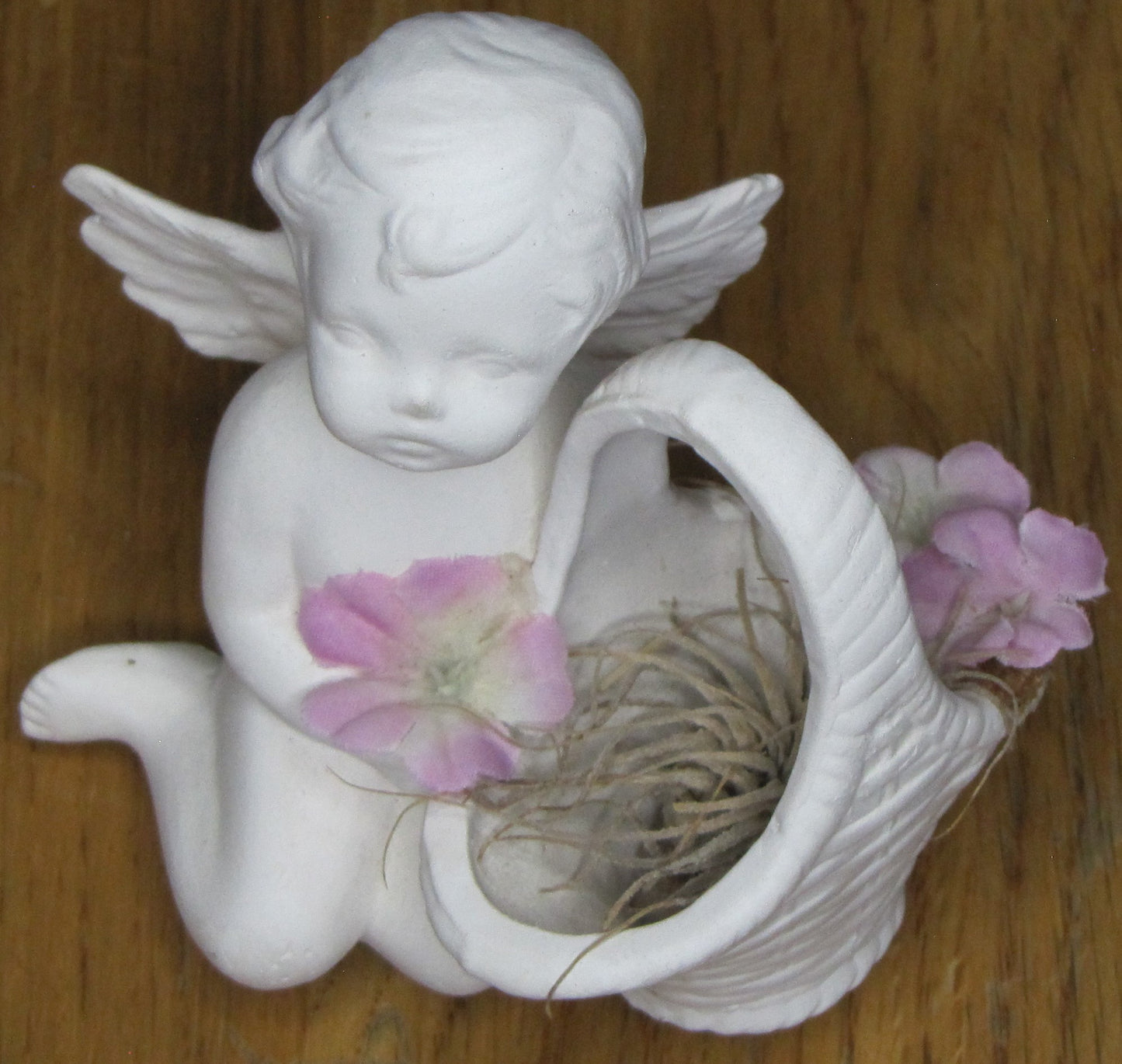 Angel: Ceramic Matte White with Flower Basket and Pink Flowers, 3.75"T x 3.5"W