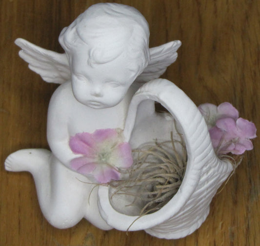 Angel: Ceramic Matte White with Flower Basket and Pink Flowers, 3.75"T x 3.5"W