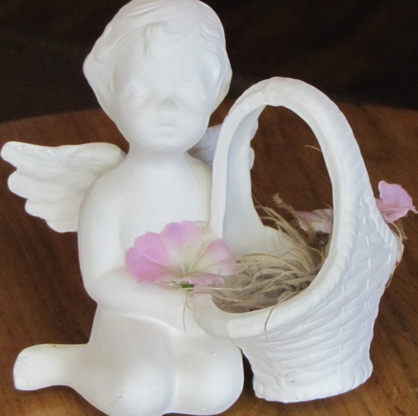 Angel: Ceramic Matte White with Flower Basket and Pink Flowers, 3.75"T x 3.5"W