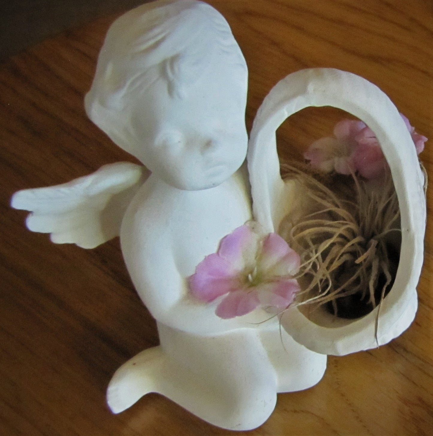 Angel: Ceramic Matte White with Flower Basket and Pink Flowers, 3.75"T x 3.5"W