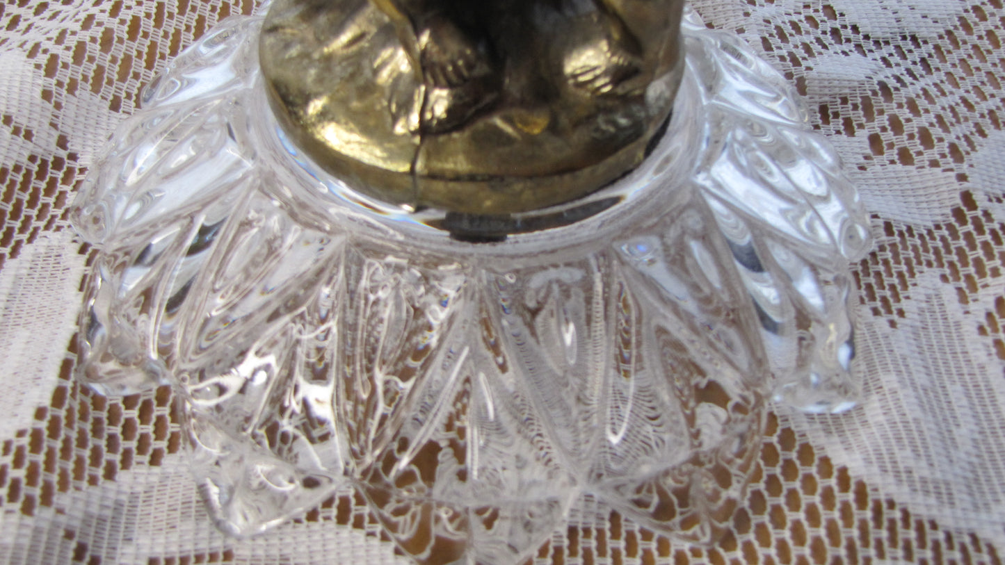 Antique / Hollywood Regency Cut Glass Pedestal Bowl w/ Brass Cherubs