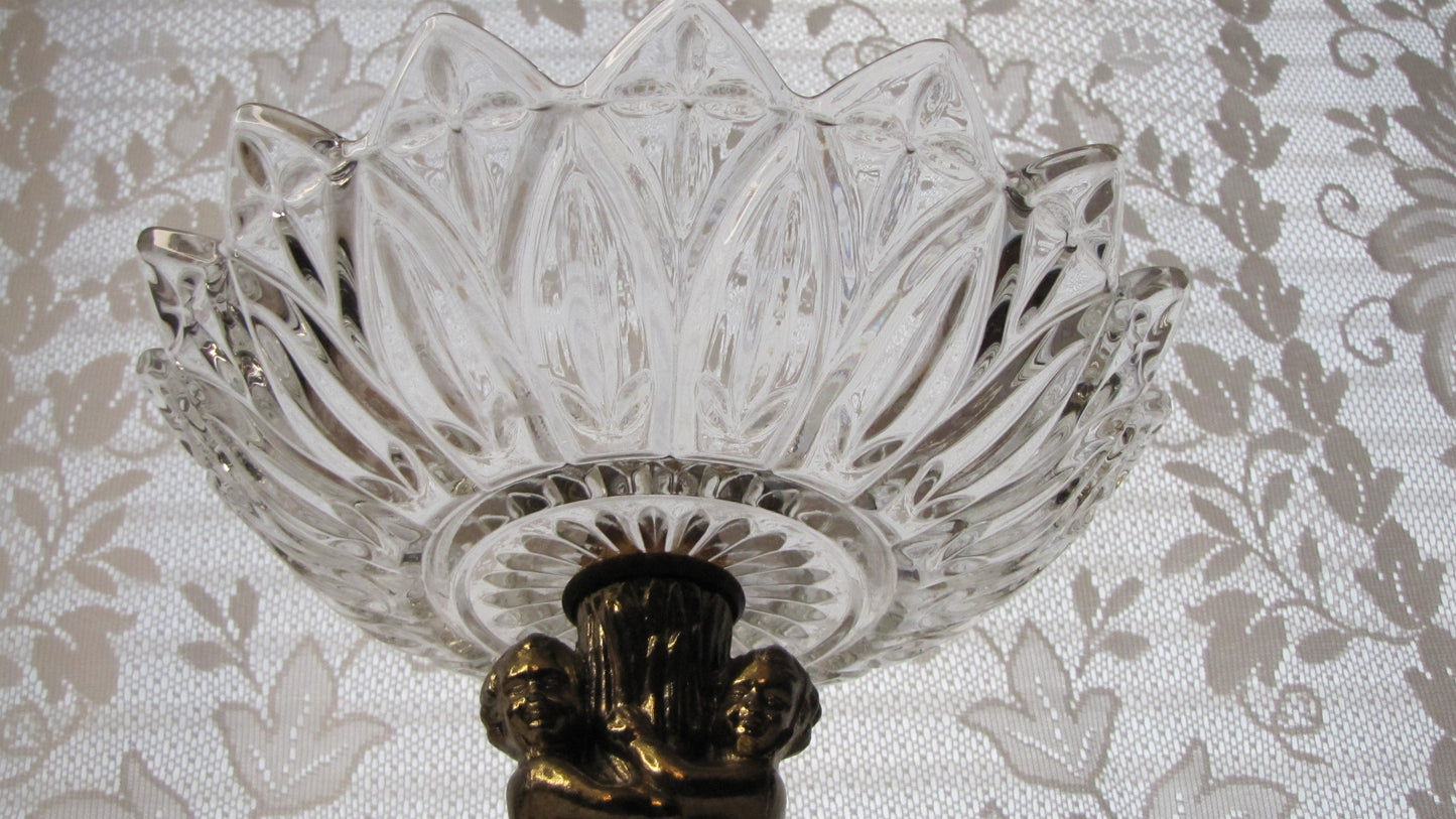 Antique / Hollywood Regency Cut Glass Pedestal Bowl w/ Brass Cherubs