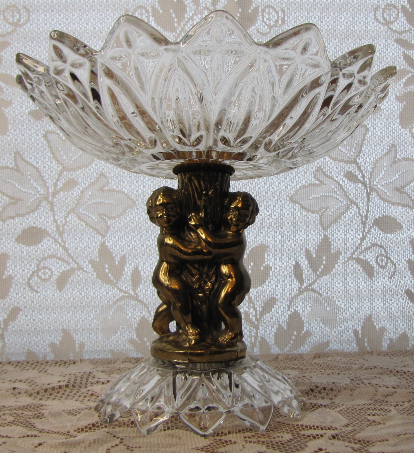 Antique / Hollywood Regency Cut Glass Pedestal Bowl w/ Brass Cherubs