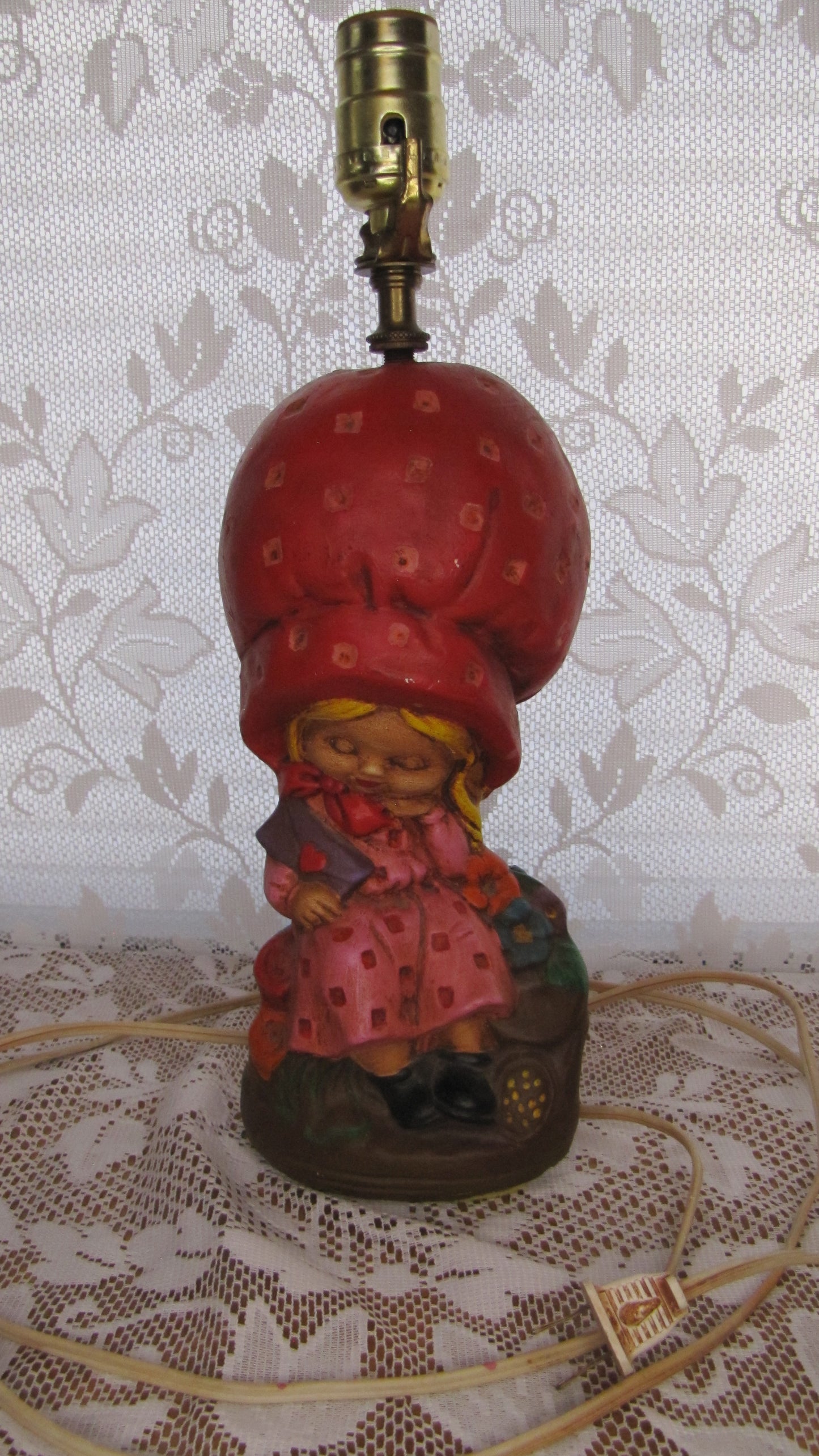 Vintage Figurine Lamp:  (70's) Girl in Strawberry Bonnet 14" High