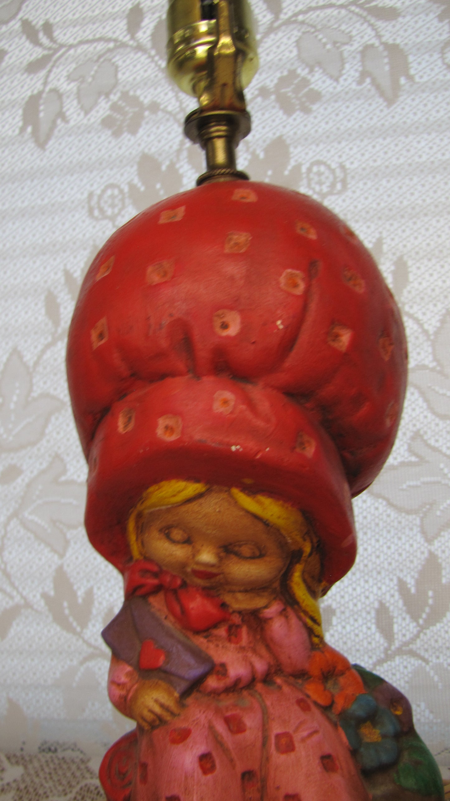 Vintage Figurine Lamp:  (70's) Girl in Strawberry Bonnet 14" High