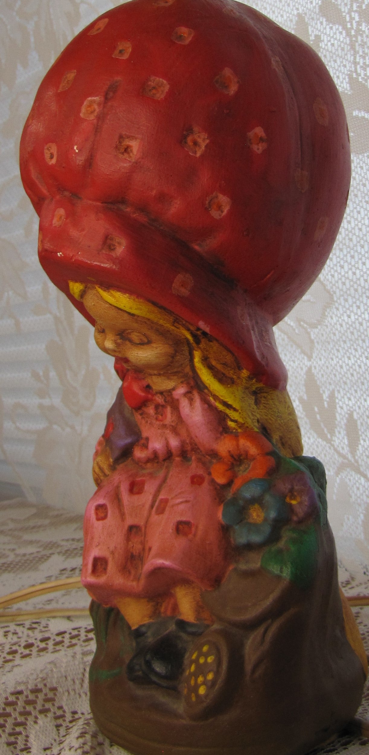 Vintage Figurine Lamp:  (70's) Girl in Strawberry Bonnet 14" High