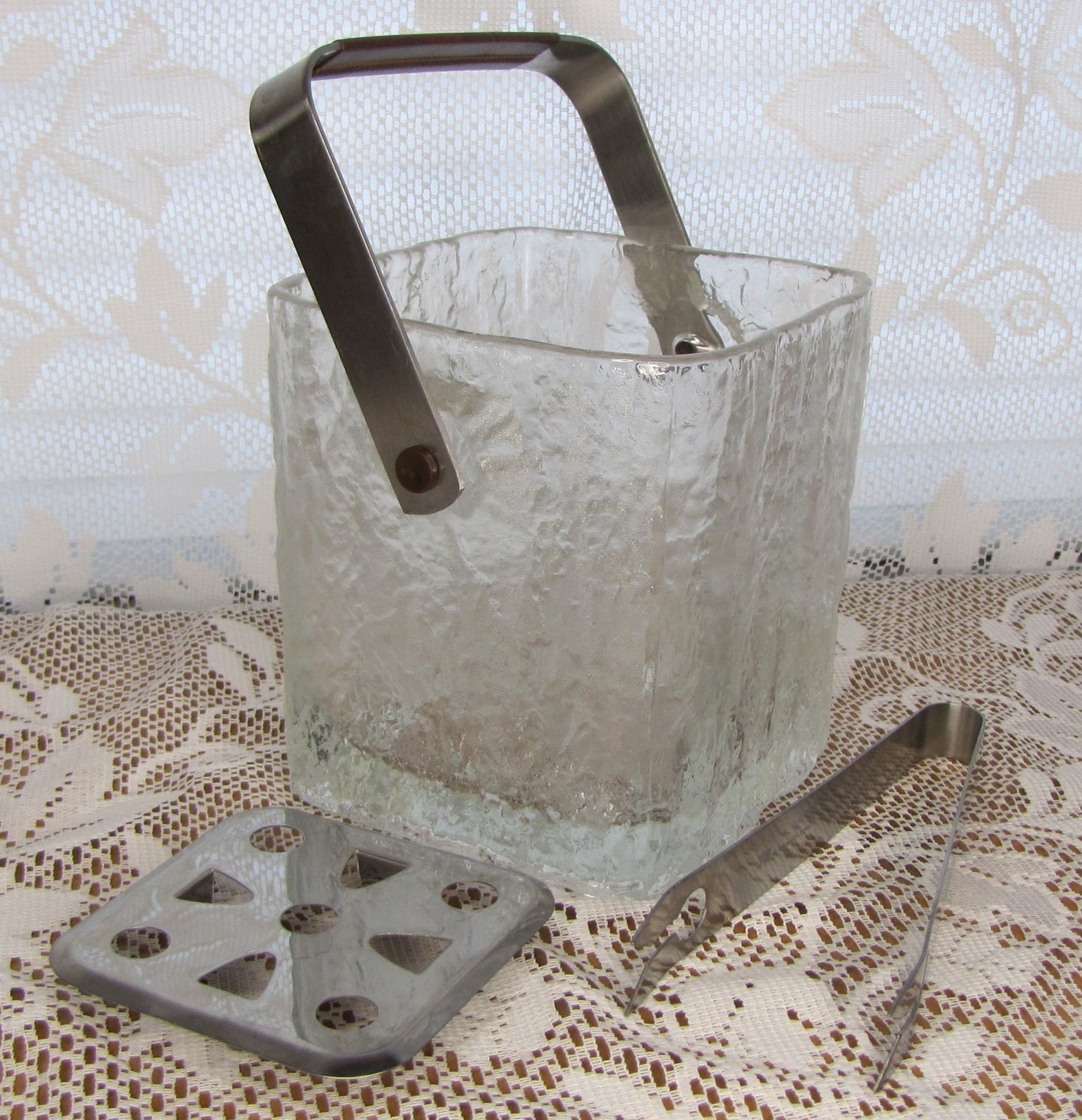 Vintage Ice Bucket: Mid-Century Modern Hoya Square Bark Crystal w/ Stainless Steel Tongs