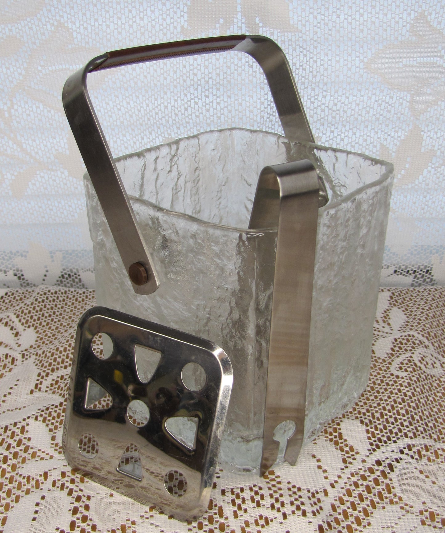 Vintage Ice Bucket: Mid-Century Modern Hoya Square Bark Crystal w/ Stainless Steel Tongs