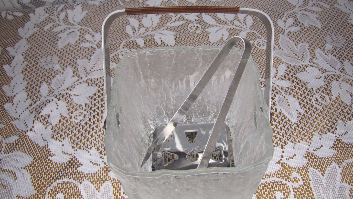 Vintage Ice Bucket: Mid-Century Modern Hoya Square Bark Crystal w/ Stainless Steel Tongs