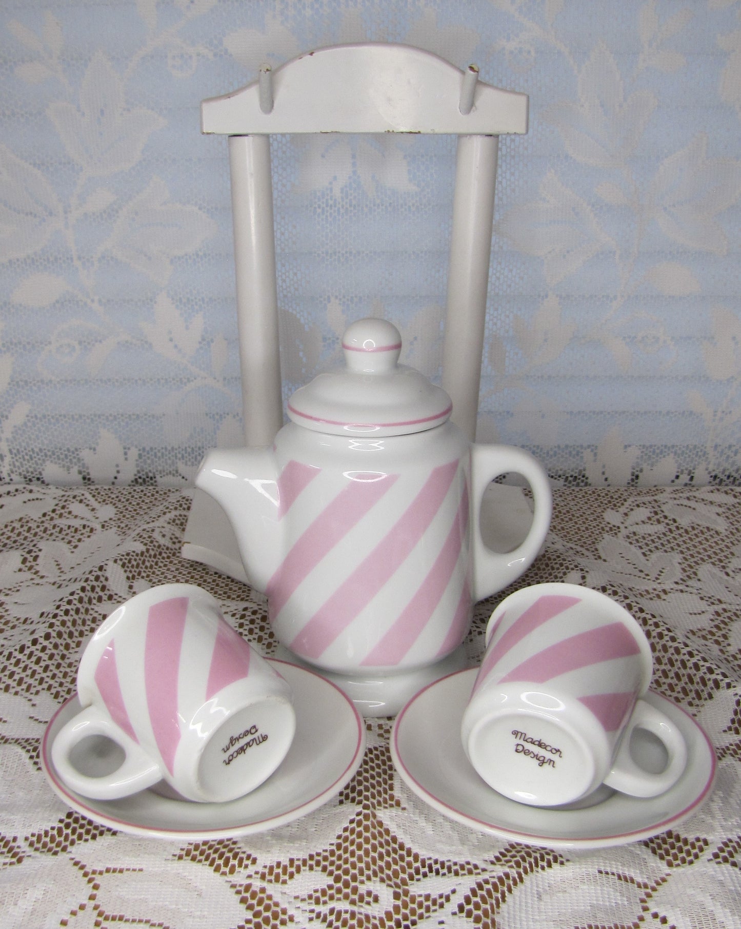 Vintage? Tea Set for Two: Pink and White Stripes with Wooden Caddy