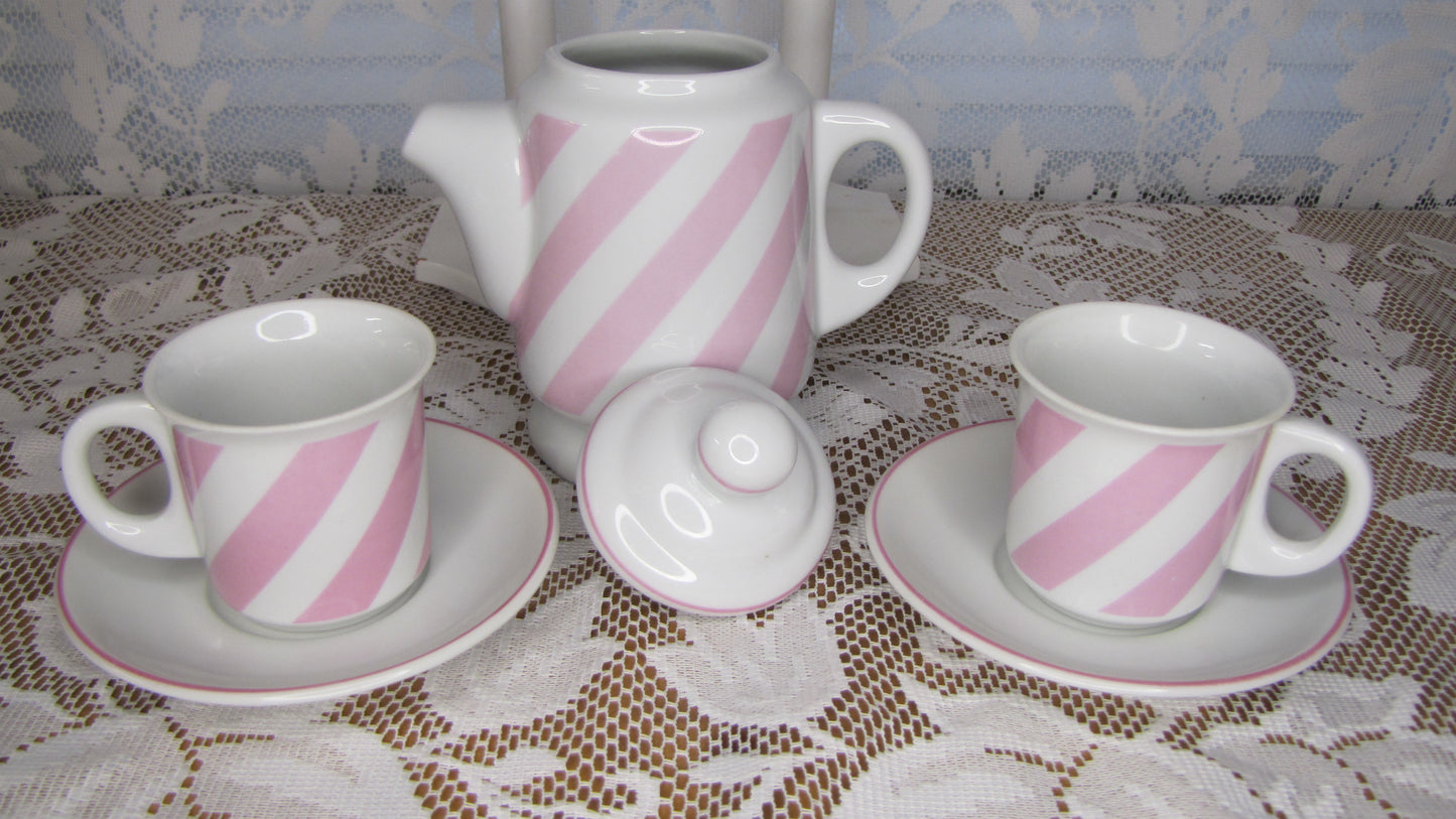 Vintage? Tea Set for Two: Pink and White Stripes with Wooden Caddy