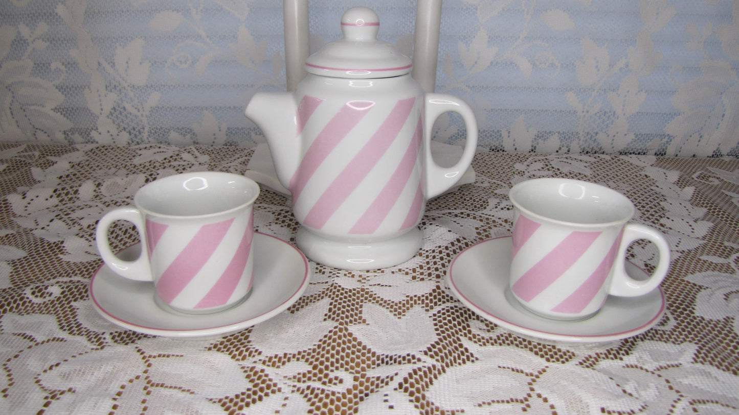 Vintage? Tea Set for Two: Pink and White Stripes with Wooden Caddy