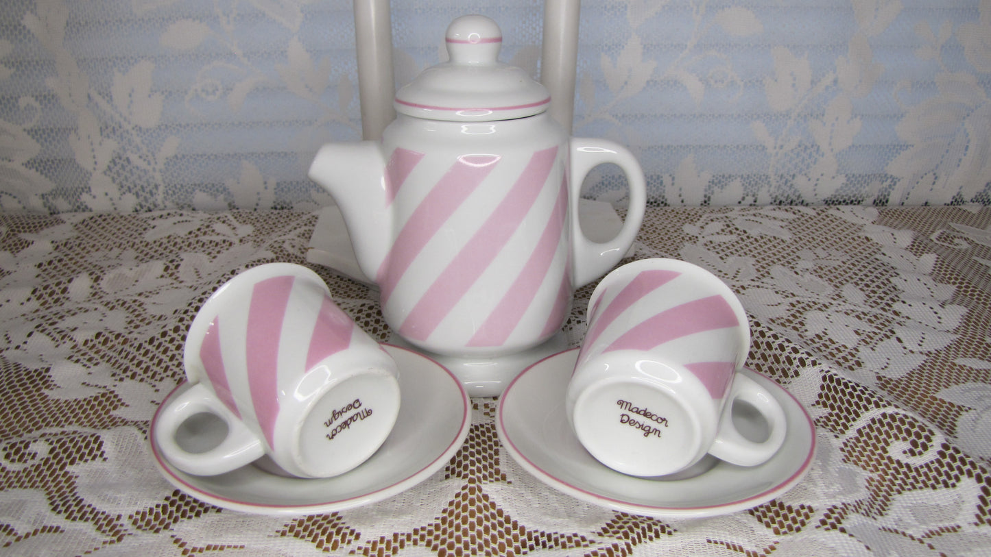 Vintage? Tea Set for Two: Pink and White Stripes with Wooden Caddy