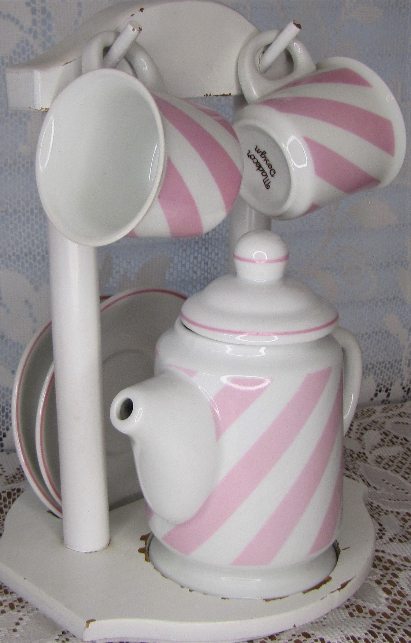 Vintage? Tea Set for Two: Pink and White Stripes with Wooden Caddy