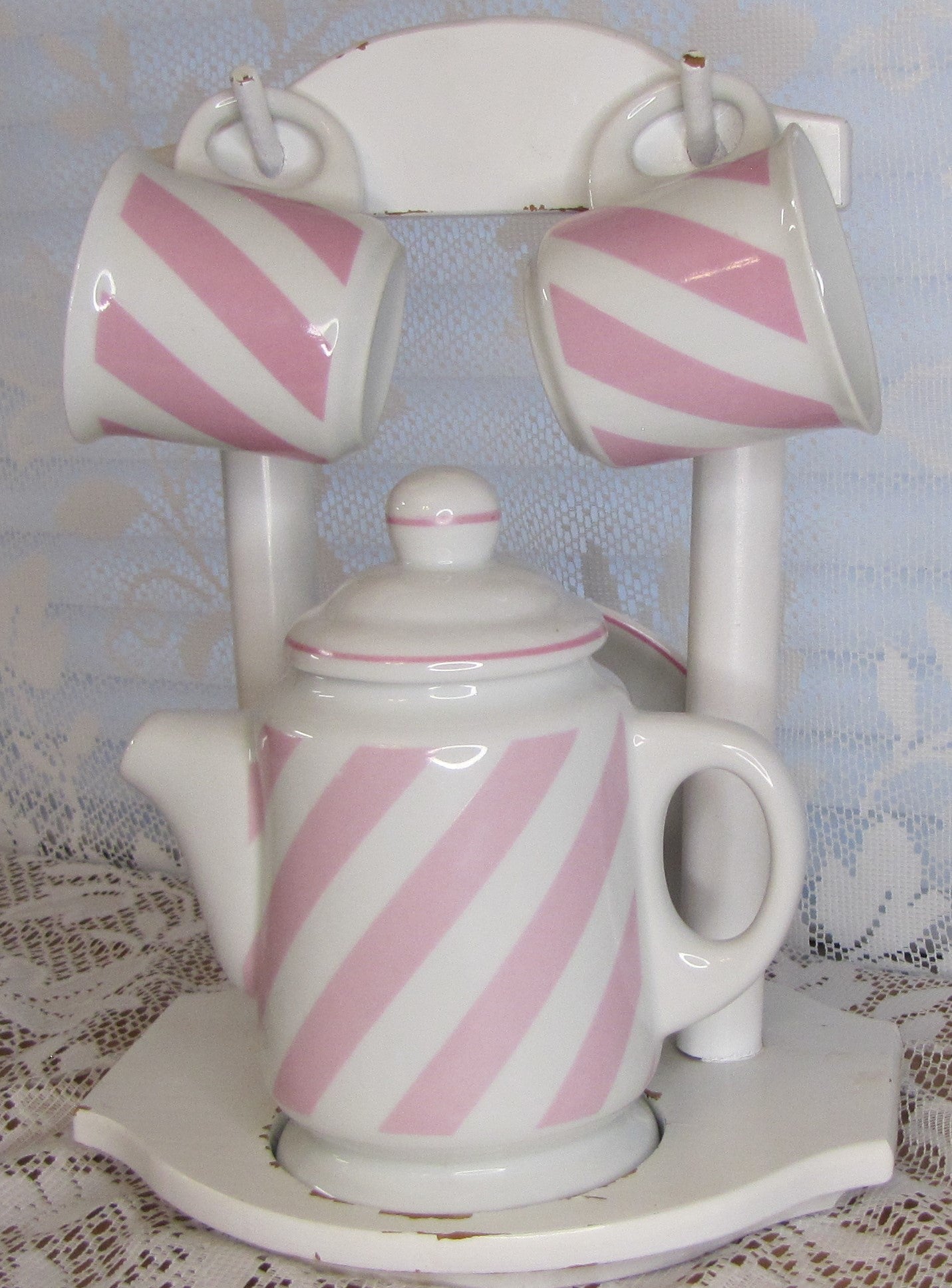 Vintage? Tea Set for Two: Pink and White Stripes with Wooden Caddy