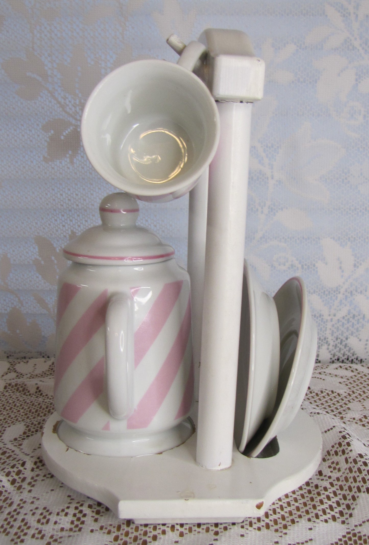 Vintage? Tea Set for Two: Pink and White Stripes with Wooden Caddy