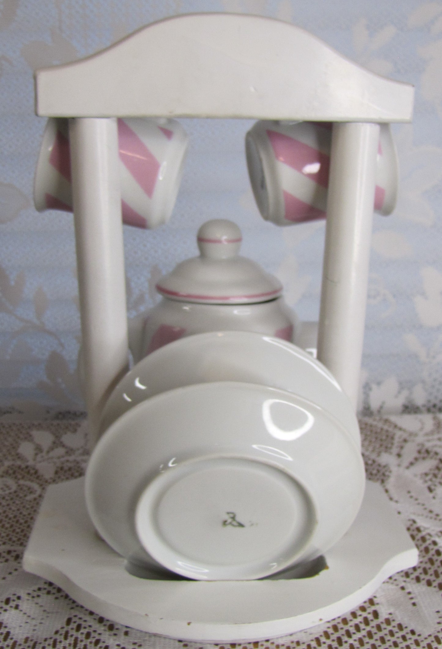 Vintage? Tea Set for Two: Pink and White Stripes with Wooden Caddy