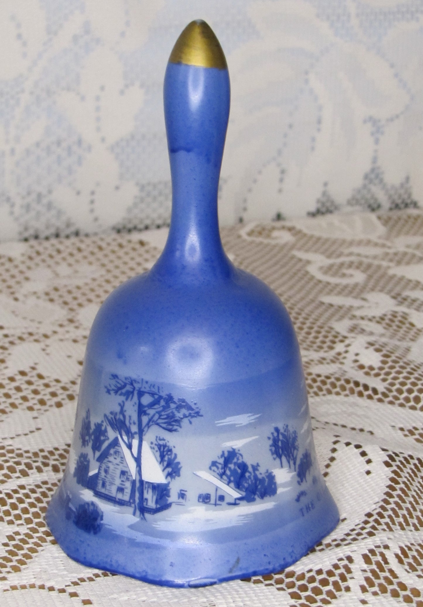 Vintage Bell Set: Porcelain White and Blue Currier & Ives, "The Old Homestead in Winter"