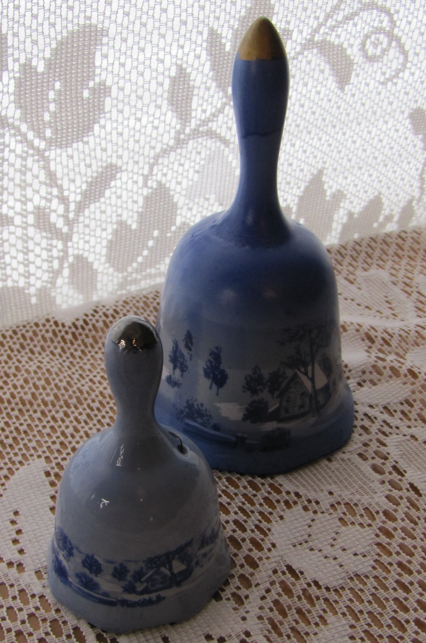 Vintage Bell Set: Porcelain White and Blue Currier & Ives, "The Old Homestead in Winter"