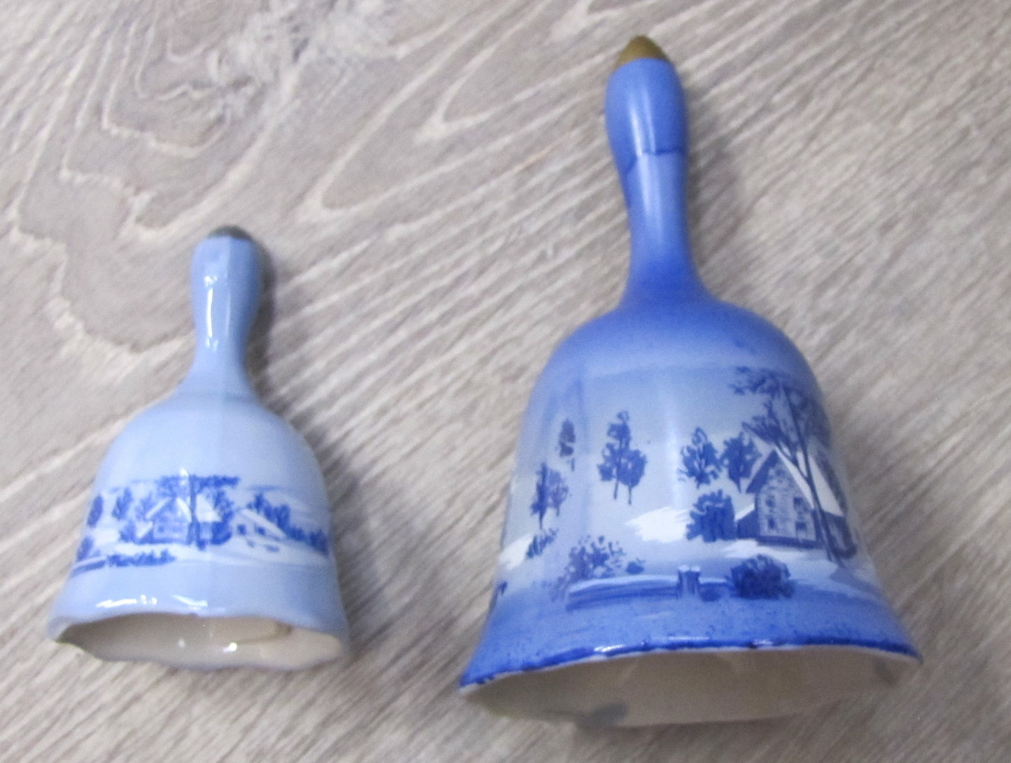 Vintage Bell Set: Porcelain White and Blue Currier & Ives, "The Old Homestead in Winter"