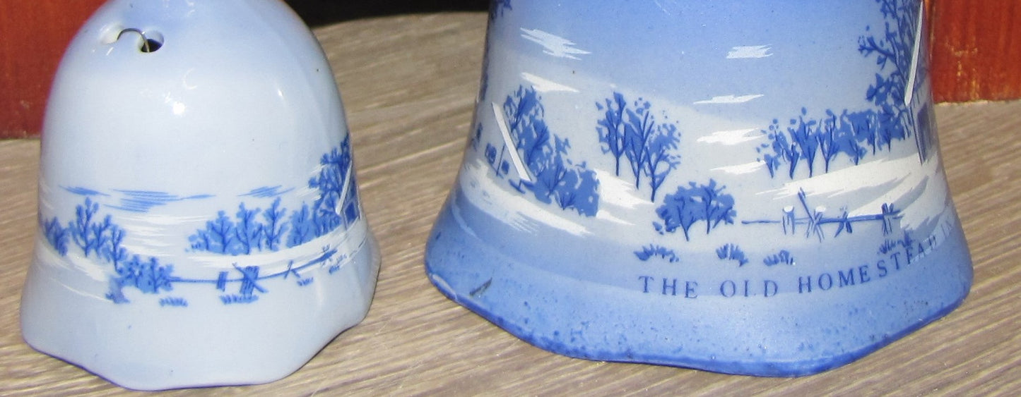 Vintage Bell Set: Porcelain White and Blue Currier & Ives, "The Old Homestead in Winter"