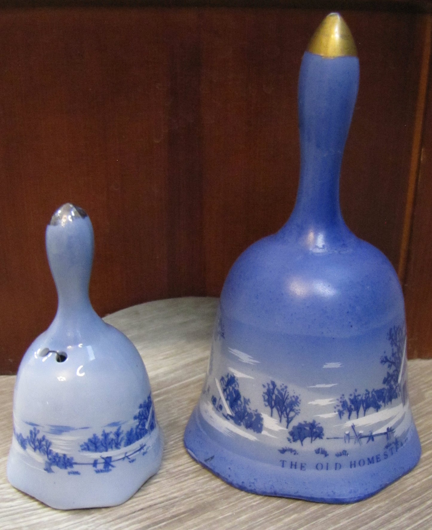 Vintage Bell Set: Porcelain White and Blue Currier & Ives, "The Old Homestead in Winter"