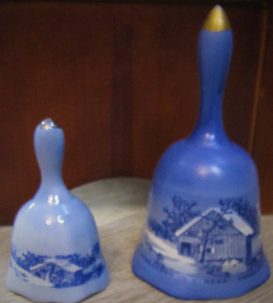 Vintage Bell Set: Porcelain White and Blue Currier & Ives, "The Old Homestead in Winter"