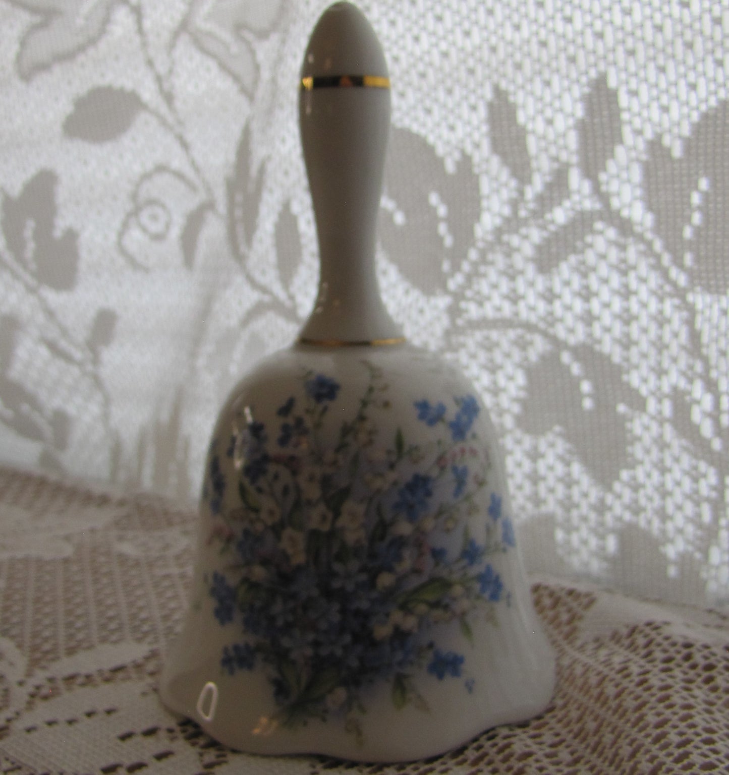 Vintage Bell; White with Blue, White, Pink Floral Painting and Gold Accents