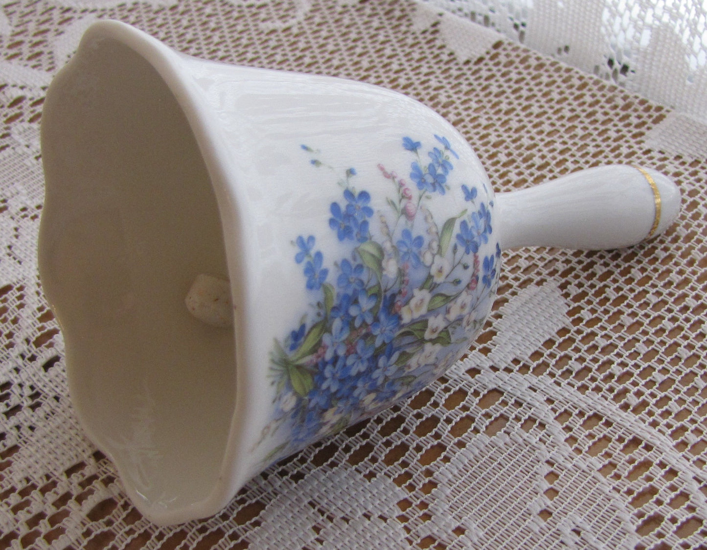 Vintage Bell; White with Blue, White, Pink Floral Painting and Gold Accents