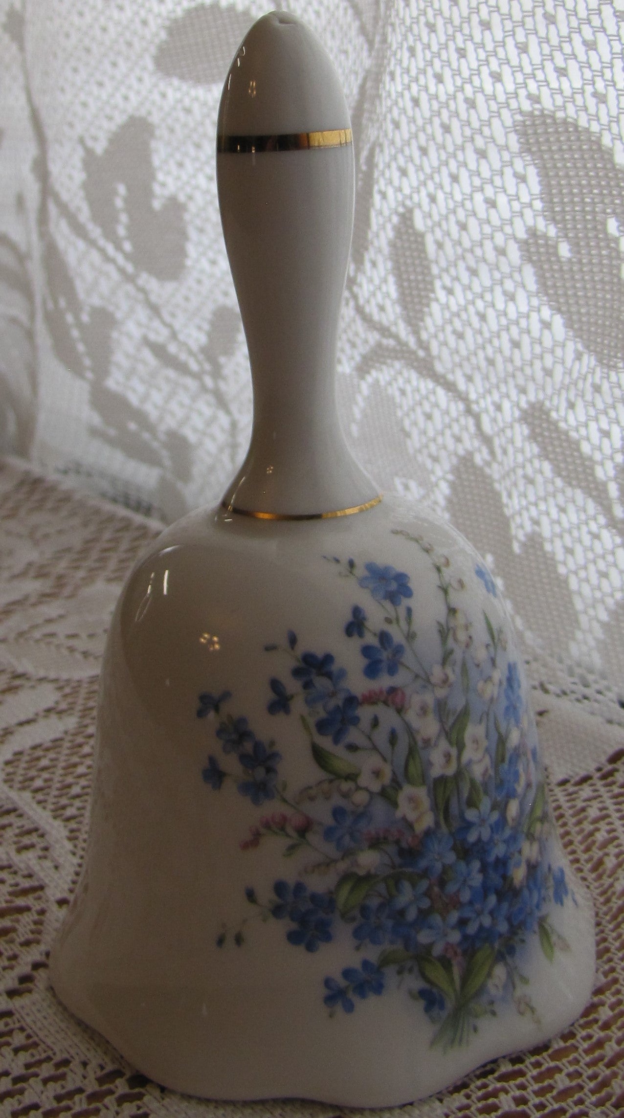 Vintage Bell; White with Blue, White, Pink Floral Painting and Gold Accents