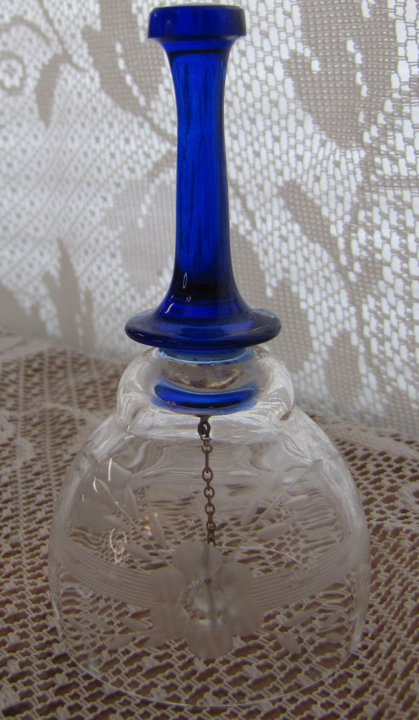 Vintage Clear Crystal Bell with Blue Stem and Frosted Floral Accents