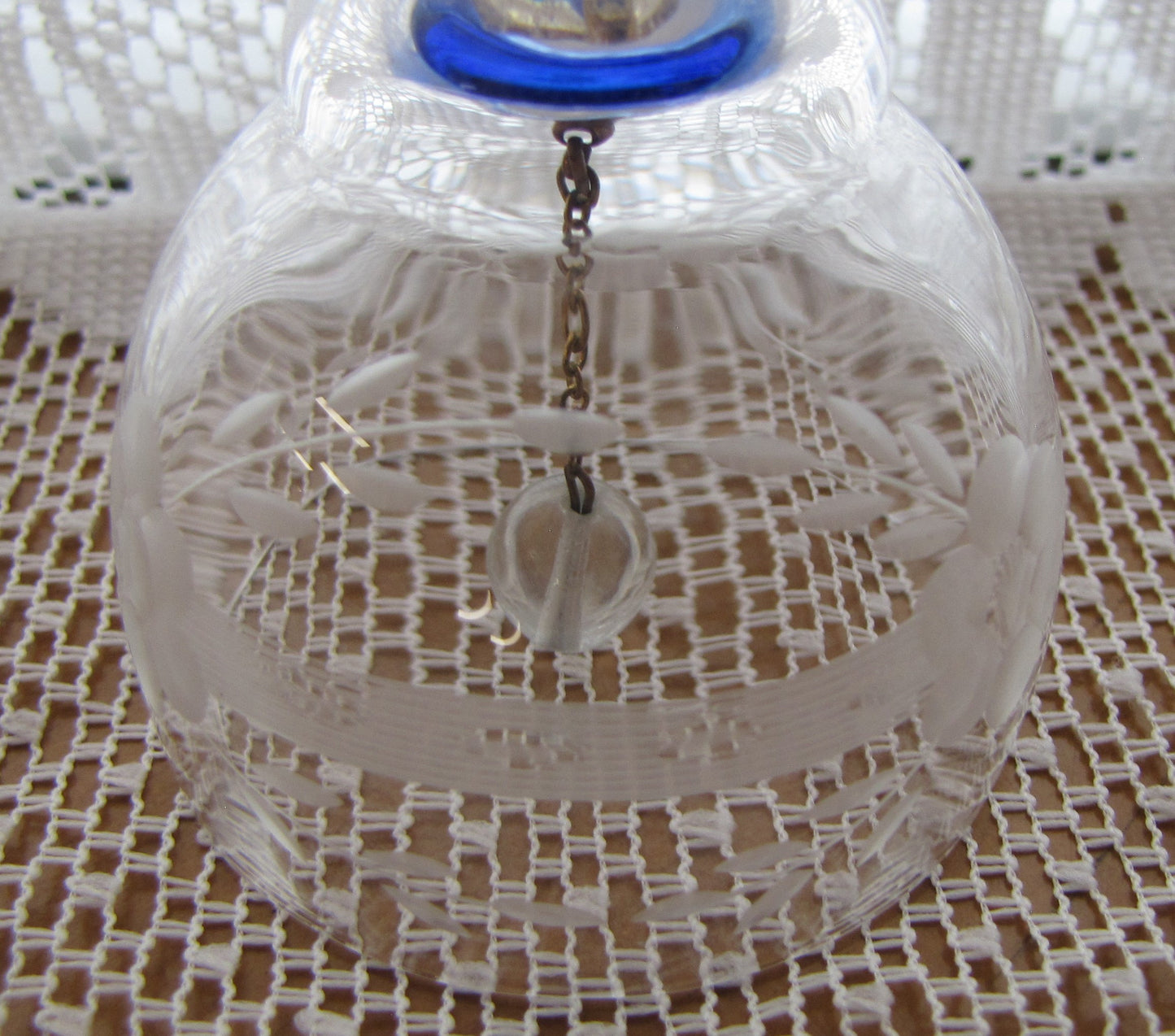 Vintage Clear Crystal Bell with Blue Stem and Frosted Floral Accents