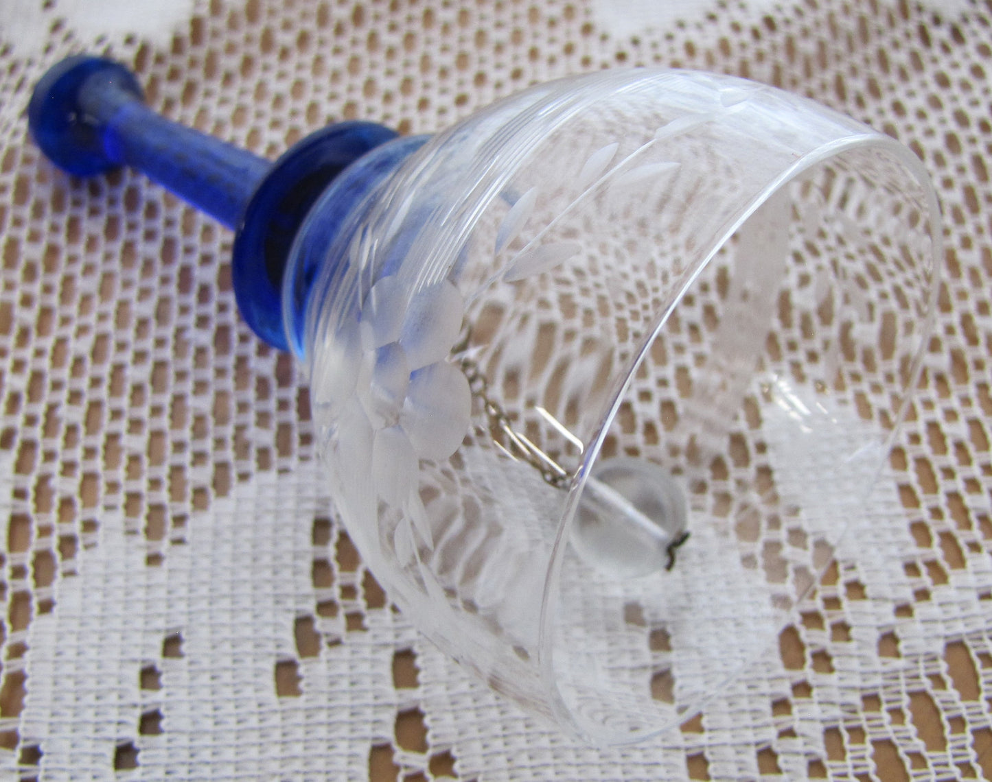 Vintage Clear Crystal Bell with Blue Stem and Frosted Floral Accents