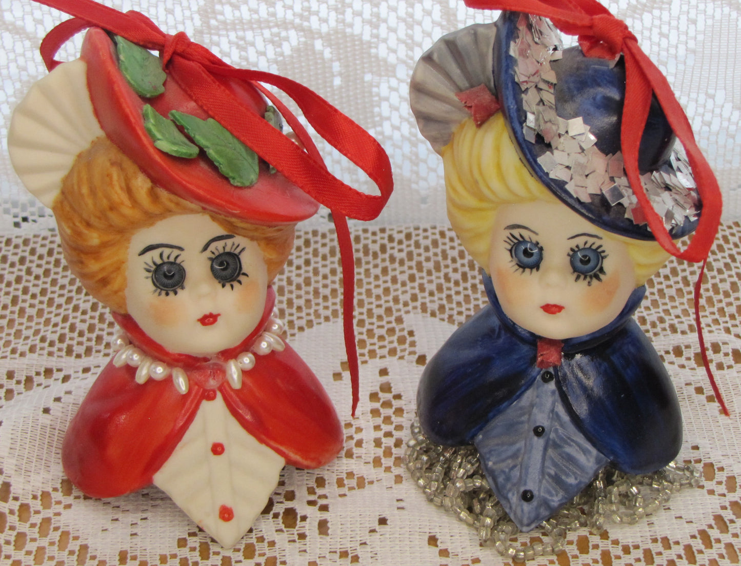 Vintage Bell/Ornament Set: Blue and Red Victorian Ladies with Multiple Accents