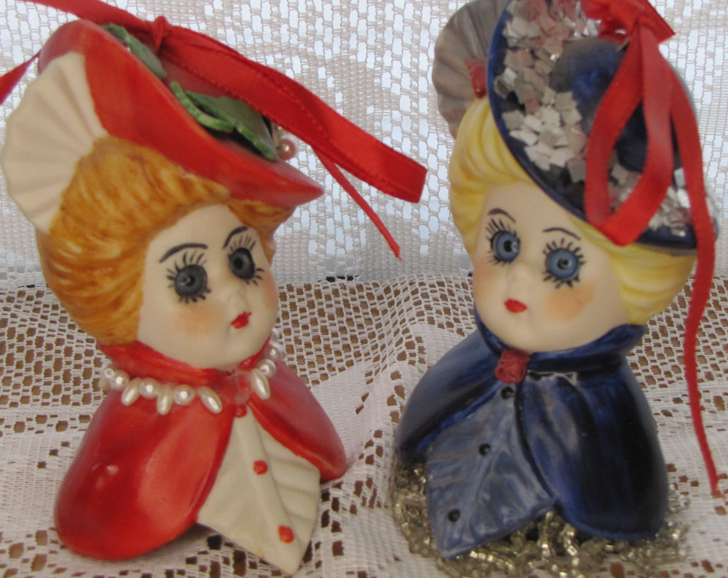 Vintage Bell/Ornament Set: Blue and Red Victorian Ladies with Multiple Accents