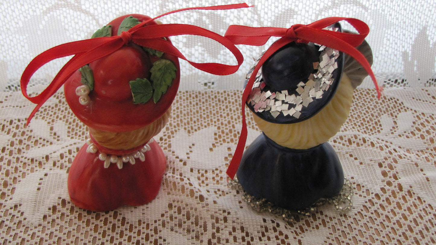 Vintage Bell/Ornament Set: Blue and Red Victorian Ladies with Multiple Accents