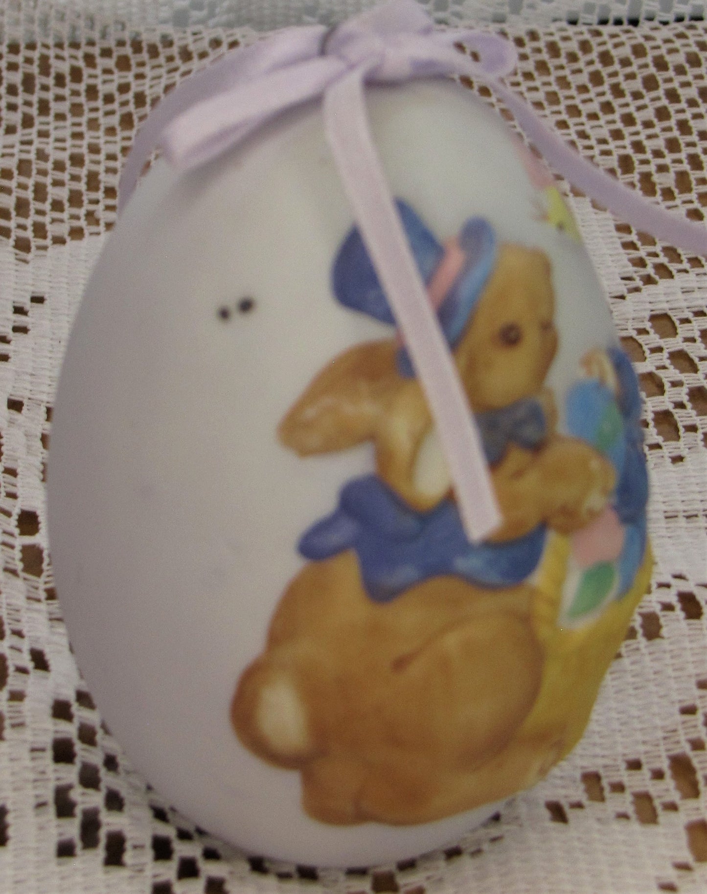 Vintage Porcelain Egg; Easter Theme With Bunny and Basket on Matte Finish