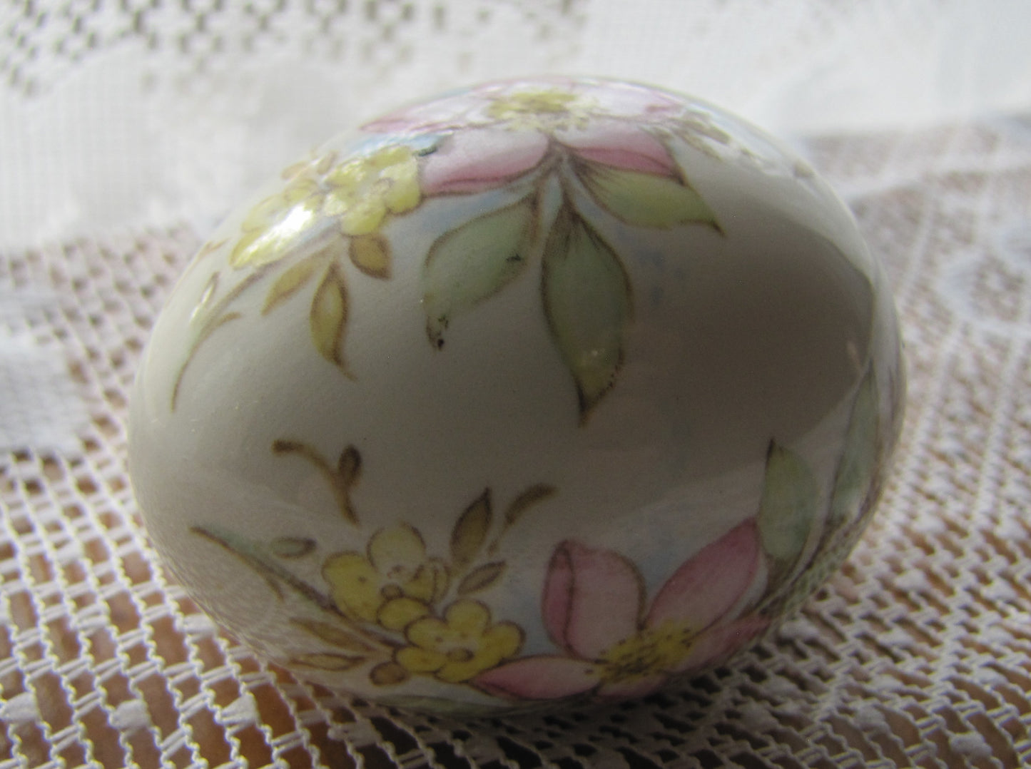 Vintage Egg: White Porcelain with Painted Floral Design in Pinks and Yellows by The Egg Lady