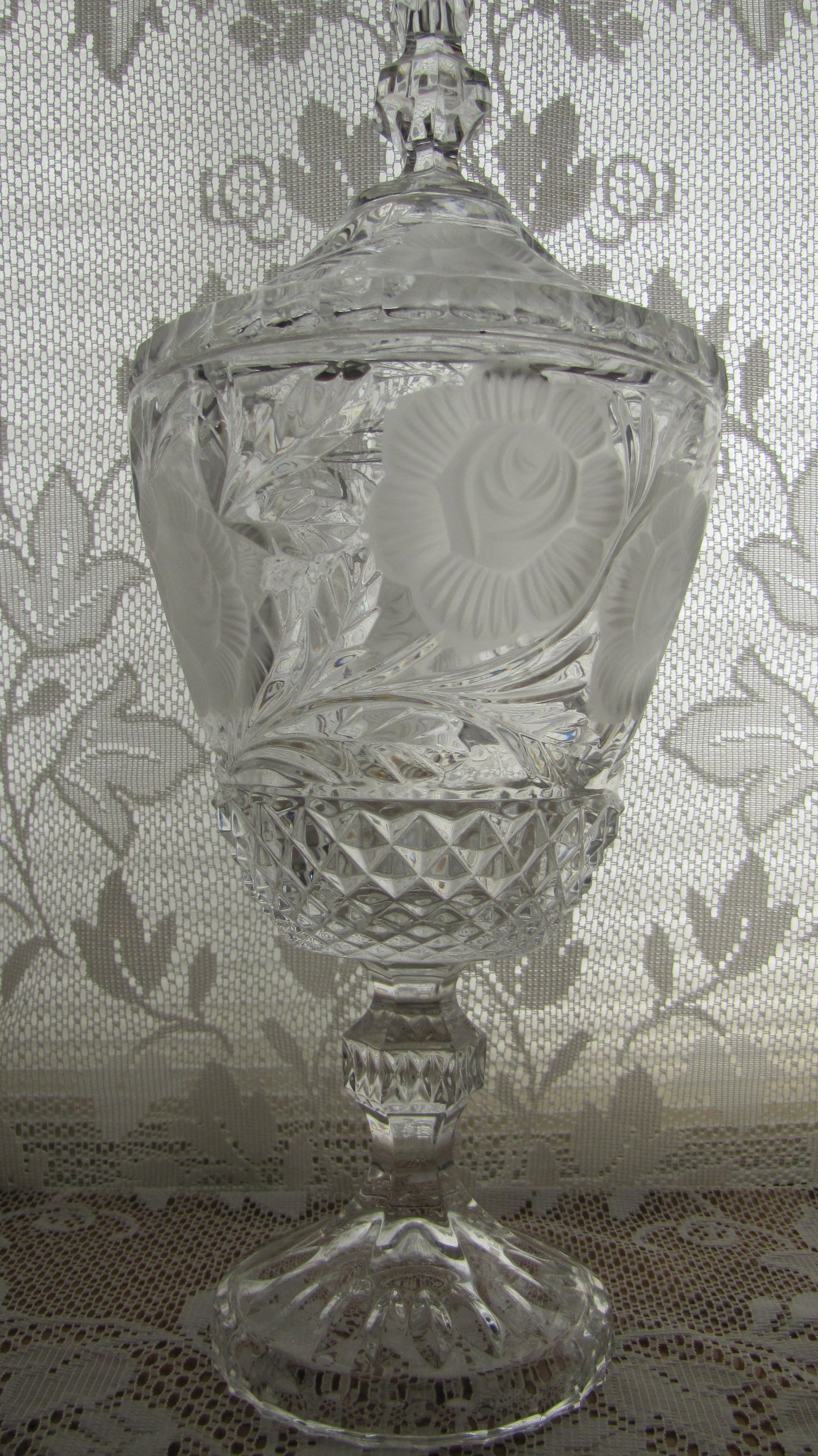 Vintage; 15" Lead Crystal Etched Candy Dish with Pedestal and Lid in Excellent Condition