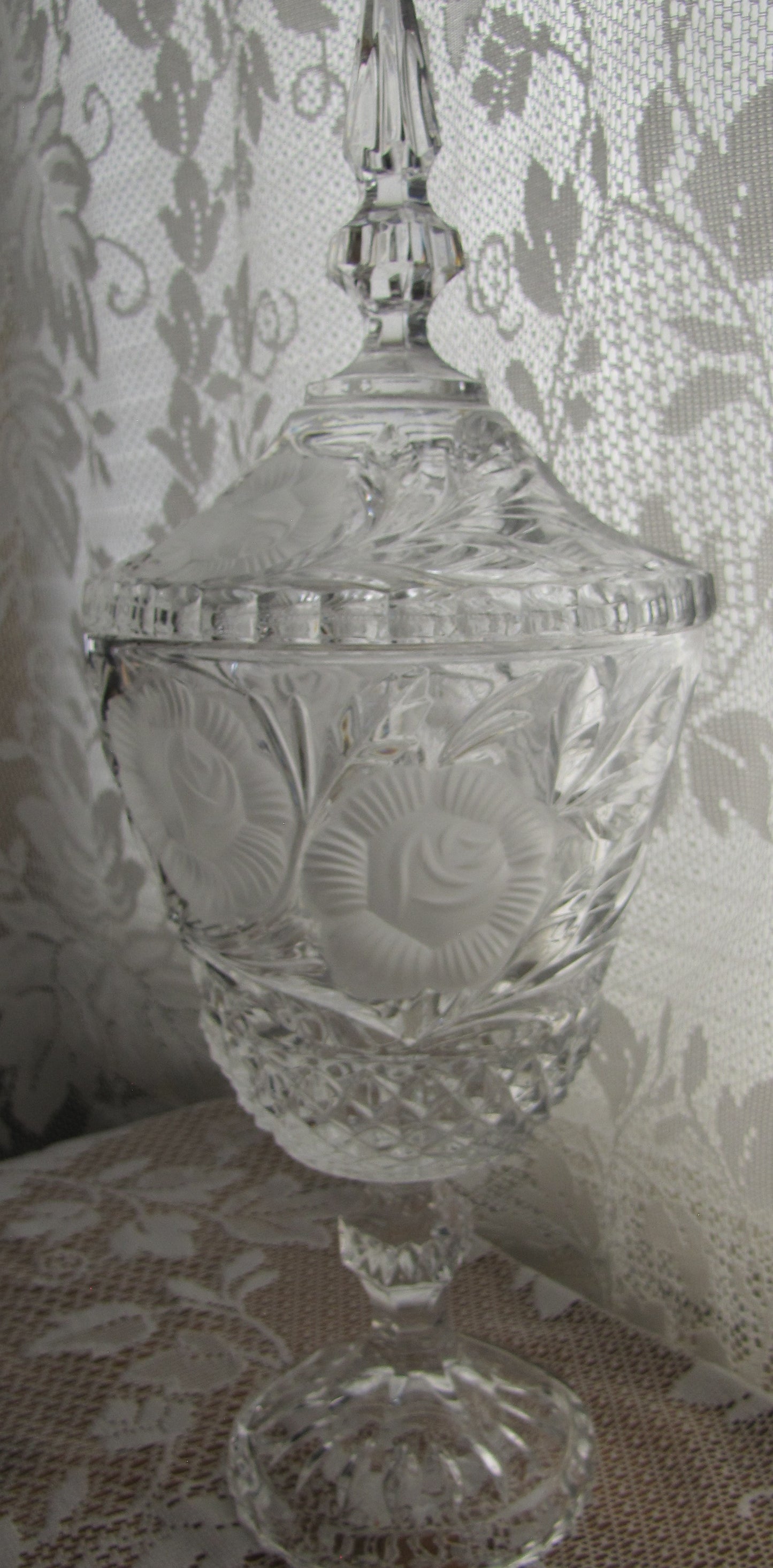 Vintage; 15" Lead Crystal Etched Candy Dish with Pedestal and Lid in Excellent Condition