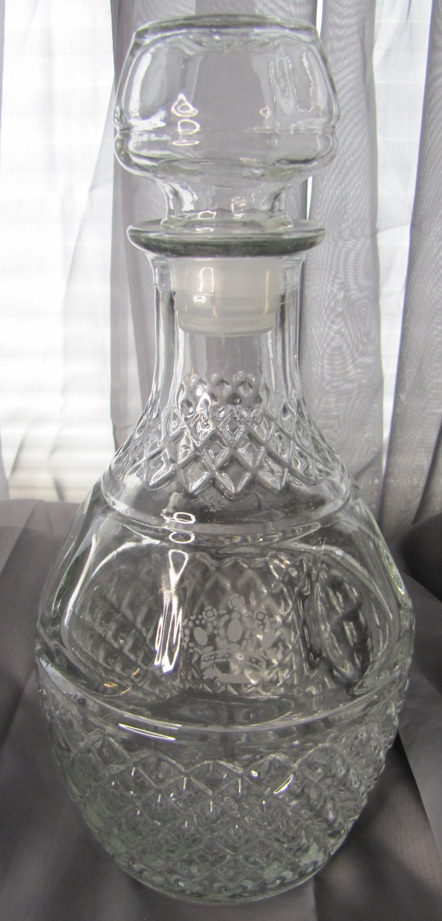 Vintage Glass Liquor Decanter, diamond cut thumbprint design, Used, Excellent Condition