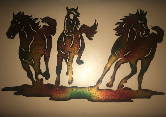 Three Horse Bronze Coated Metal Wall Hanging, 10"L x 12"H